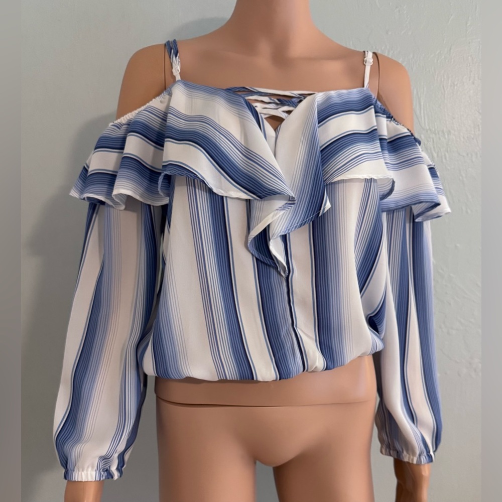 Rue 21 cold shoulder sheer blue white striped blouse M